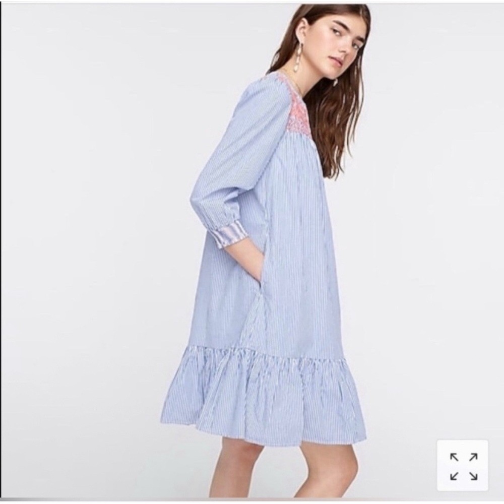 J CREW Leda Dress S Blue Stripe Embroidered Ruffle Hem‎ Boho Cottagecore Peasant - Picture 14 of 15